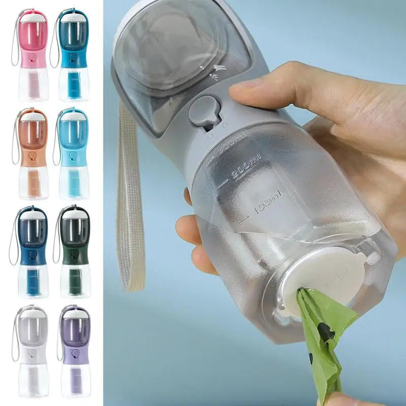 All-in-One Pet Travel Water Bottle – 300ml Feeder with Food & Waste Bag