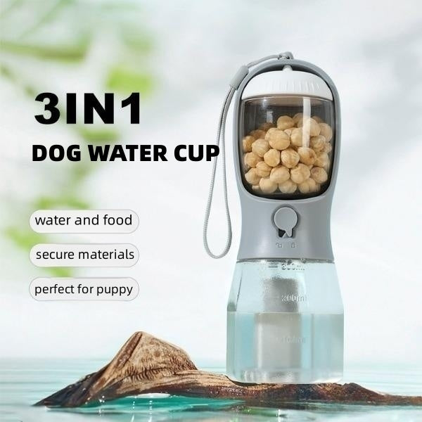All-in-One Pet Travel Water Bottle – 300ml Feeder with Food & Waste Bag