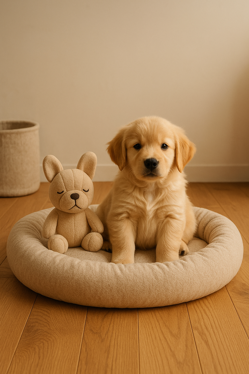 A cozy indoor scene showing a fluffy dog sitting beside a soft pet bed and toys, styled with warm lighting and natural colors — representing the SnuffleShop pet store aesthetic