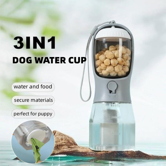 All-in-One Pet Travel Water Bottle – 300ml Feeder with Food & Waste Bag