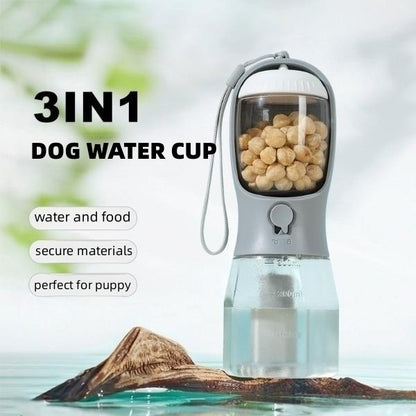 All-in-One Pet Travel Water Bottle – 300ml Feeder with Food & Waste Bag